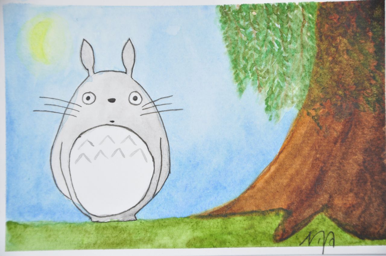 Totoro au clair de Lune - aquarelle