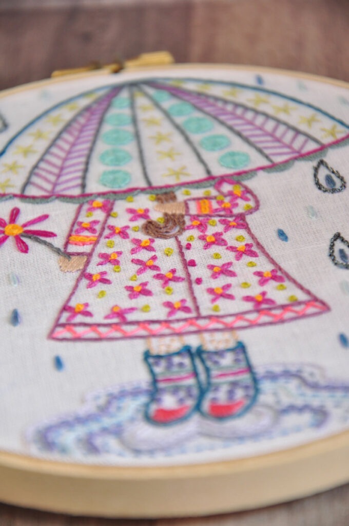 Emilie sous la pluie - Broderie - détail manteau